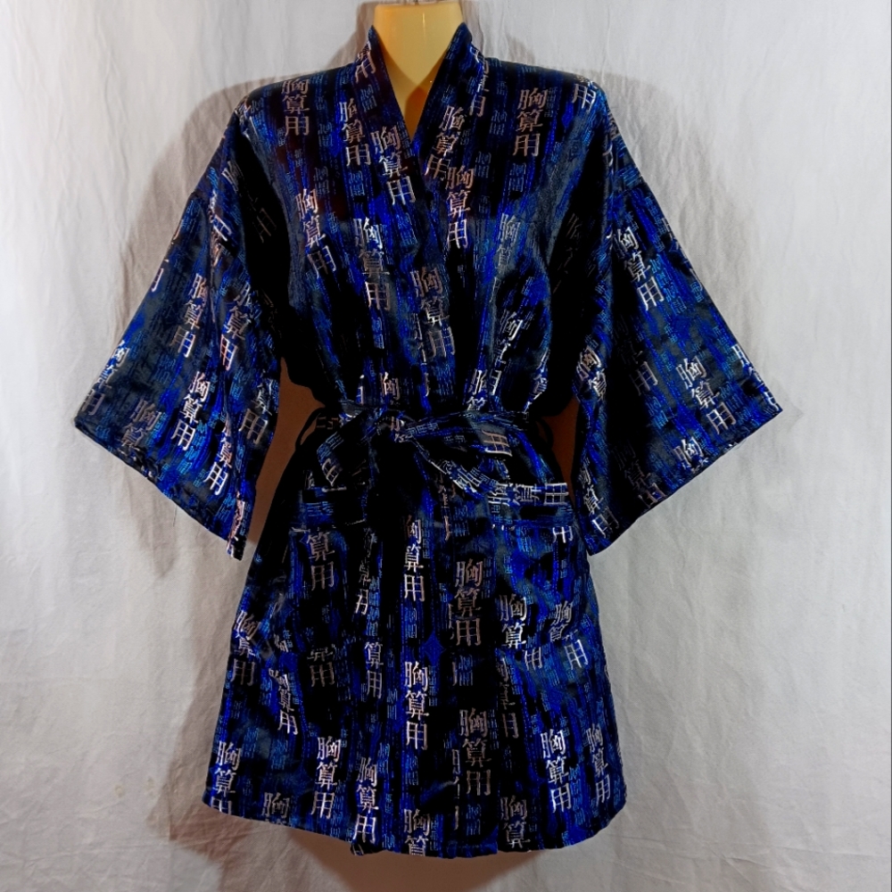 Oriental Womens Robe Asian Print Kimono Black Blue Metallic Silver Unisex Mens